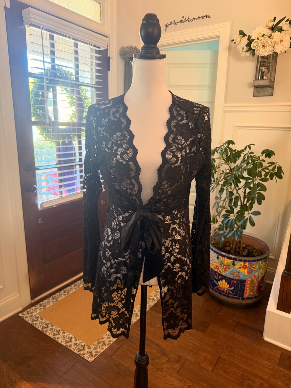 CAbi NWOT RARE Black Lace Tie-Front Scalloped Cardigan with Bell Sleeves